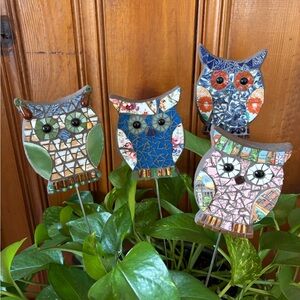 Set of 4 Colorful Mosaic Owl Garden Stakes